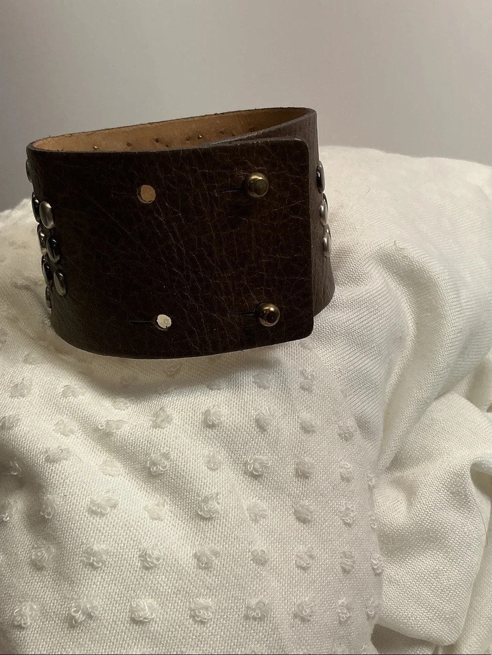 Brown Studded Noir Leather Cuff Bracelet with Engraved Silver Buckle